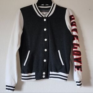 🎊Reflex Black & White Varsity Jacket – Red "LOVE" Sleeve Detail – Juniors XL🎊